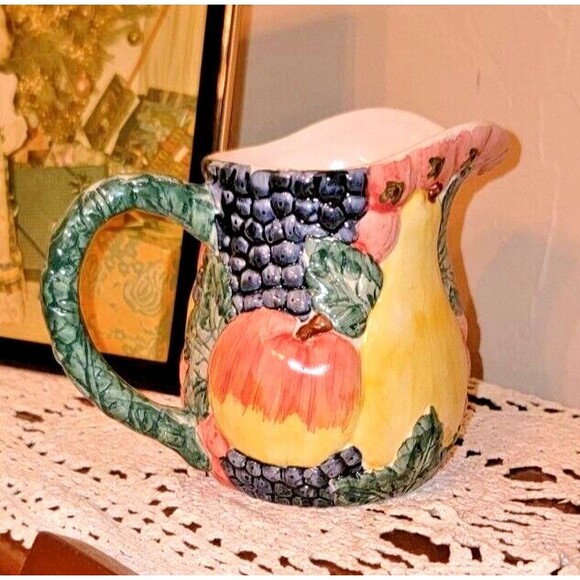 High Relief Pottery Creamer Colorful Farm Fruits Veg 80s 90s FLOWERS INC. VTG - Picture 11 of 14